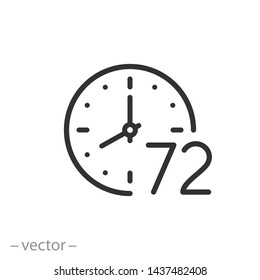 72 hr, clock icon, time linear sign isolated on white background - editable vector illustration