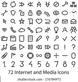 72 Internet And Media User Interface Icons Set For Web And Mobile. Single Non-intersecting Thin Line Style. 