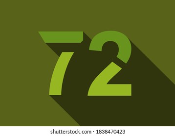72 Number with long shadow, green colors cutting style. For logo, brand label, design elements, corporate identity, application & more. Vector editable illustration.