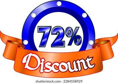 72% de descuento, disco azul y cinta anaranjada, ilustración vectorial para mayorista y minorista, arte ilustrativo, ilustración hermosa, vector. ¡Dios es bueno!