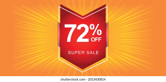 72% off. Orange banner with seventy-two percent discount on a red balloon for mega offers.