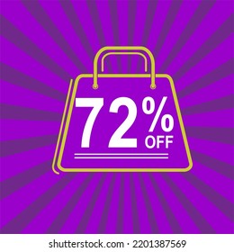 72% off. Purple, white and yellow banner with seventy two percent discount. Shopping bag concept.