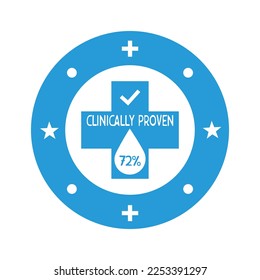 72% de ícono vector clínicamente probado. Insignia vectorial, probada clínicamente, aprobada. Icono de resultado garantizado clínicamente comprobado. Pegatina, etiqueta o vectores de sello.