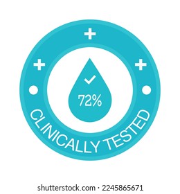 72% percentage clinically tested sign label vector art illustration. Blue Color isolated on white background.