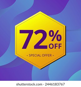 72% Sale and Discount Label. Seventy two percent Sale Discount label Geometric design. Abstract Blue and Yellow Hexagon. Vector illustration.