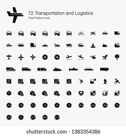 72 Transportation and Logistic Pixel Perfect Icons (Filled Style). Vector icons set for ground, air, and water vehicles and transports. Logistic  industry symbols for box, parcel, package, and global.