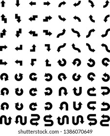 72 Vektorpfeile-Symbole, die auf verschiedene Richtungen zeigen, einschließlich gerade Pfeile, Kurven, u-Kurven, s-Kurven, 90-Grad-Kurven und Kreise