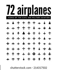 72 vector icons of airplanes on white background