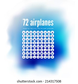 72 vector icons of airplanes on sky background