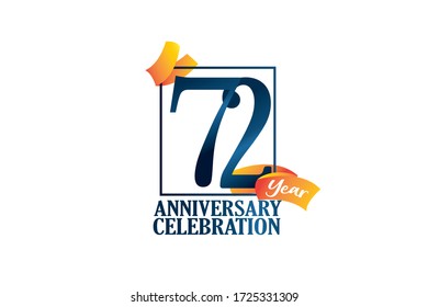 72 Year Anniversary Blue Color with Block Frame and Orange Yellow Ribbon - Vector