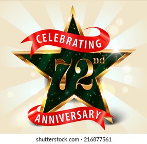 72 year anniversary celebration golden star ribbon, celebrating 72nd anniversary decorative golden invitation card - vector eps10