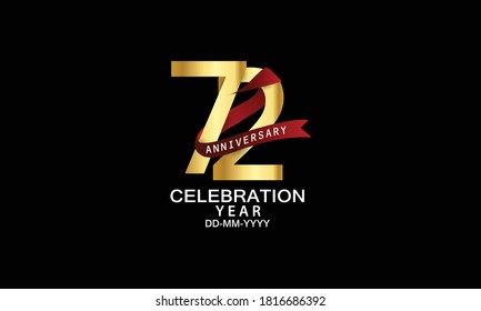 72 year anniversary red ribbon celebration logotype. anniversary logo with Red text and Spark light gold color isolated on black background, design for celebration, invitation - vector