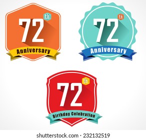 72 year birthday celebration flat color vintage label badge, 72nd anniversary decorative emblem - vector illustration eps10