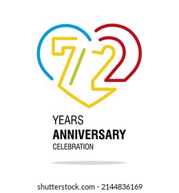 72 years anniversary celebration decoration colorful number bounded by a loving heart modern love line design logo icon white background