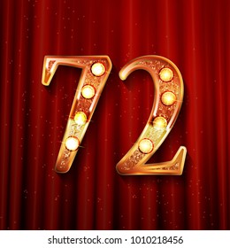 72 years anniversary celebration design with gold color composition. On the background of a red curtain. Vector illustration