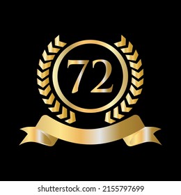 72 Years Anniversary Celebration Gold and Black Template. Luxury Style Gold Heraldic Crest Logo Element Vintage Laurel Vector