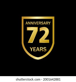 72 years anniversary celebration. Anniversary logo elegance golden color isolated on black background, vector design for celebration, invitation card, and greeting card