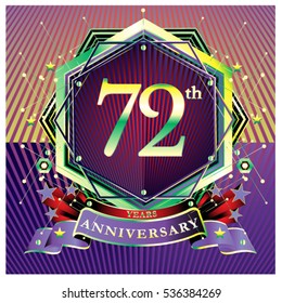 72 years anniversary logo celebration with ring and ribbon. Symbol and template for greeting card
