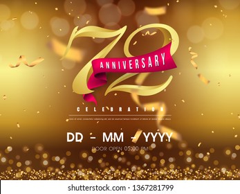 72 years anniversary logo template on gold background. 72nd celebrating golden numbers with red ribbon vector and confetti isolated design elements