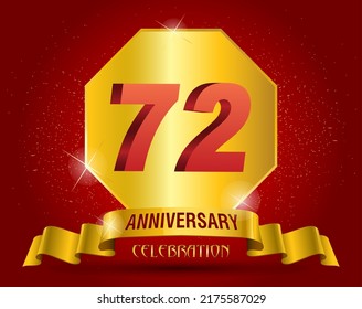72 years anniversary logo template. Red numbers with golden ribbon.