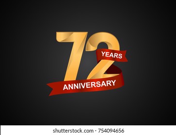 72 years anniversary logotype with elegance gold color and warp red ribbon