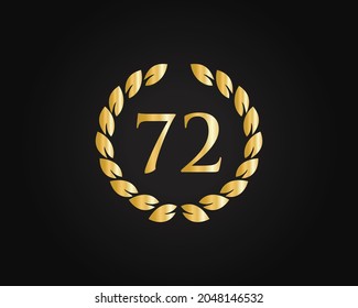 72 Jahre alte Ring-Logo-Vorlage. Logo auf 72 Jahren Jubiläum mit goldenem Ring einzeln auf schwarzem Hintergrund, Geburtstag, Jahrestag und Firmenfeier