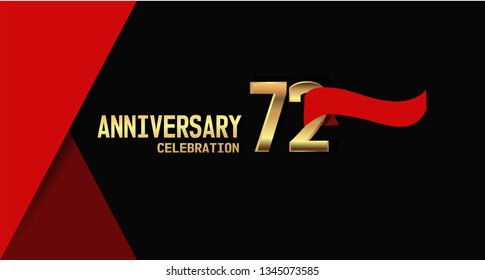72 years Anniversary simple design with golden font and red ribbon, black and red background. elegant and simple design