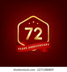 72 años. Diseño de plantilla de aniversario con número de oro y cinta roja, diseño para evento, tarjeta de invitación, tarjeta de saludo, banner, afiche, volante, portada de libro e impresión. Vector Eps10