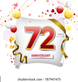 72 years anniversary vector illustration, banner, flyer, logo, icon, symbol. Graphic design element with flag, balloon, ribbon, confetty. Birthday greeting, event celebration