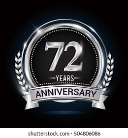 72 years silver anniversary logo with laurel wreath, ribbon and silver ring. vector design

