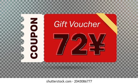 72 Yuan coupon promotion sale for website, internet ads, social media.Big sale and super sale coupon code Japanese yen 72 discount gift voucher coupon vector illustration summer offer ends weekend