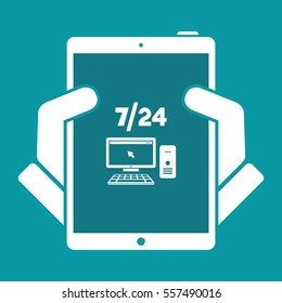 7/24 computer assistance service - Vector flat icon
