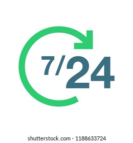 7/24 online service flat icon. You can be 7/24 icon used for several purposes like: websites, UI, UX, print templates, presentation templates, promotional materials, web and mobile phone apps.