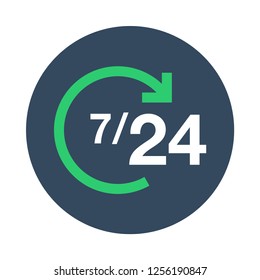7/24 online service flat icon. You can be 7/24 icon used for several purposes like: websites, UI, UX, print templates, presentation templates, promotional materials, web and mobile phone apps.