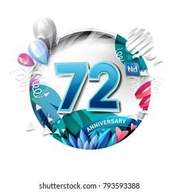 72nd anniversary background with balloon and confetti on white. 3D paper style illustration. Poster or brochure template. Vector illustration.