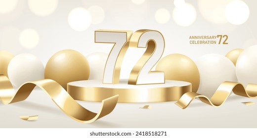 Hintergrund der Feierlichkeiten zum 72. Jahrestag. Goldene 3D-Zahlen auf rundem Podium mit goldenen Bändern und Ballons mit Bokeh-Beleuchtung im Hintergrund.