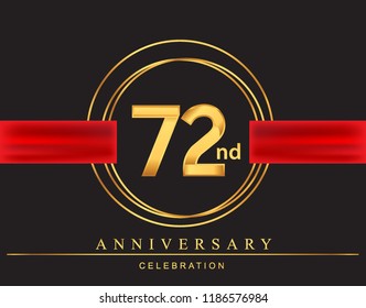 72nd anniversary design logotype golden color with ring and red ribbon for anniversary celebration, elegant design.