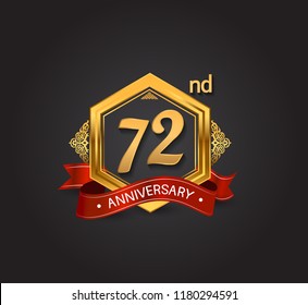 72nd anniversary design logotype style with golden hexagon, ornament and red ribbon for use in celebration event.