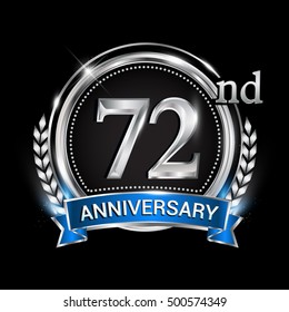 72nd anniversary logo with silver ring combination blue ribbon. Vector template for birthday celebration, party, wedding, invitation and greeting card