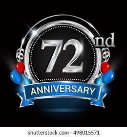 72nd anniversary logo with silver ring,balloons and blue ribbon. Vector design template elements for your birthday celebration.