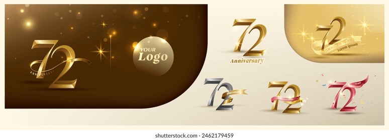 Logotyp des 72. Jubiläums Moderne Goldnummer mit glänzendem Band. alternative Logonummer Goldene Jubiläumsfeier