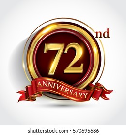72nd golden anniversary logo, seventy two years birthday celebration with ring and red ribbon isolated on white background