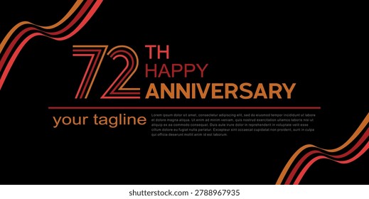 72nd happy anniversary template featuring multi-line typography and wavy orange ribbons on a black backdrop.