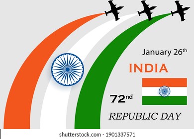 72nd Happy republic day India vector illustration background design with tricolor national flag colorful smoke emitting from jet plane. holiday celebration. nationality concept. January 26