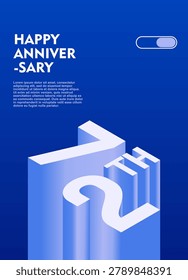 72nd Modern anniversary poster template featuring a bold 3d isometric number on a vibrant blue background.