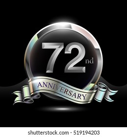 72nd silver anniversary logo, vector celebration design with ring and ribbon.