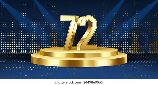 Hintergrund der Feier zum 72. Jahrestag. Goldene 3D-Nummern auf einem goldenen runden Podium, mit Lichtern im Hintergrund.