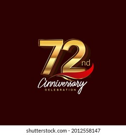 72nd years anniversary celebration logotype. Anniversary logo with red feather and golden color isolated on elegant background, vector design for celebration, invitation card, and greeting card