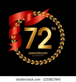 72th Anniversary Celebration. Anniversary Logo Design with Laurel Wreath and Red Ribbon for Celebration Event, Wedding, Invitation, Greeting Card. Logo Vector Illustration