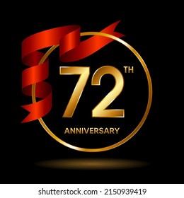 72th Anniversary logo. Anniversary celebration template design with golden ribbon for booklet, leaflet, magazine, brochure poster, banner, web, invitation or greeting card. Vector illustrations.